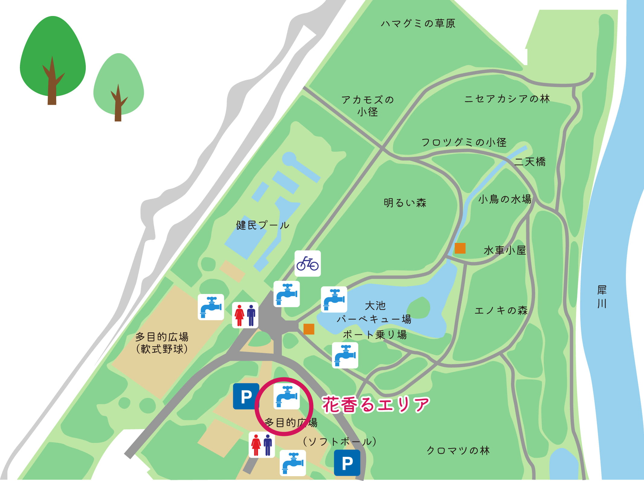 花香るエリアの場所を記した公園の地図